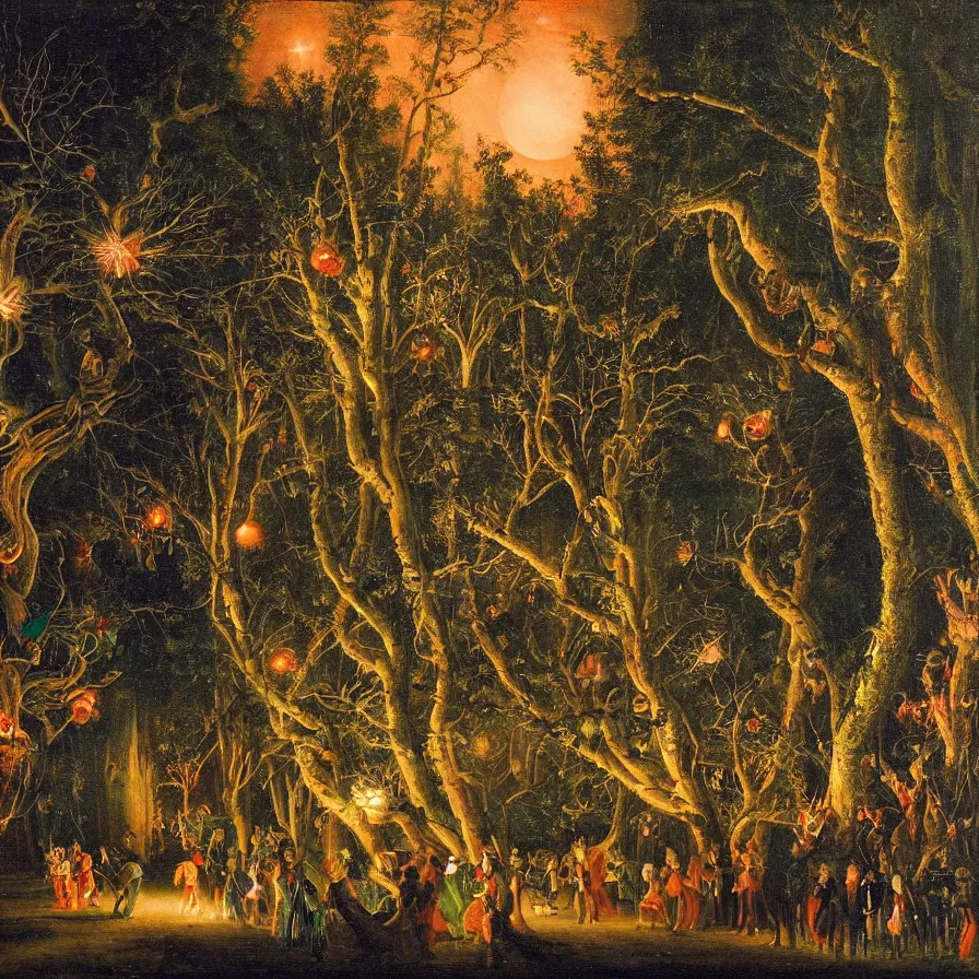 Prompt: a night carnival around a magical tree cavity, with a surreal orange moonlight and fireworks in the background, next to a lake with iridiscent water, christmas lights, folklore animals and people disguised as fantastic creatures in a magical forest by summer night, masterpiece painted by philipp veit, dark night environment