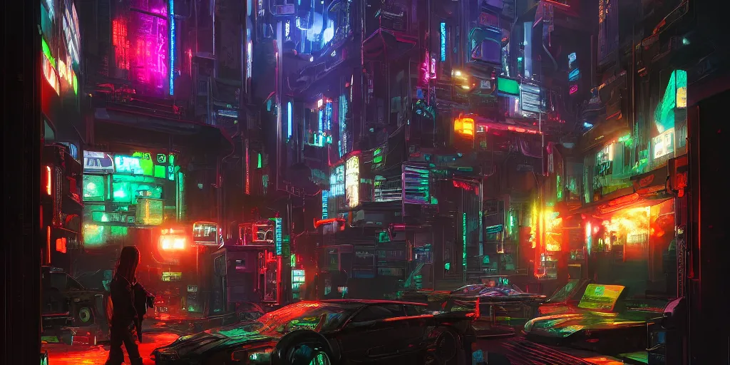 Image similar to cyberpunk atmosphere, very strange, with neons, digital painting, 8 k, by alleyway wookun, eddie mendoza, and john kearney