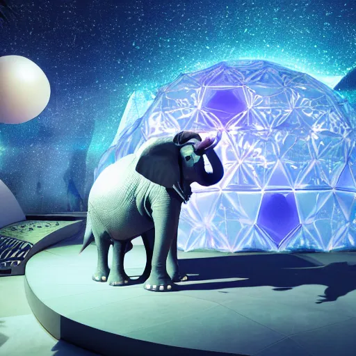 Image similar to a hyperrealistic 3D octane render of an elephant wearing virtual reality goggles, and playing a synthesizer keyboard, inside of a geodesic dome planetarium with planets and galaxies, trending on artstation, 8k, 4K, dramatic lighting, glowing, volumetric lighting, ray tracing, unreal engine