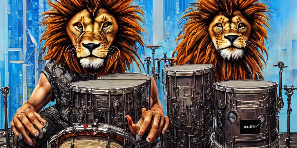 Image similar to a portrait of an anthropomorphic cyberpunk lion playing the drums by sandra chevrier, by jon foster, detailed render, tape deck, epic composition, cybernetics, 4 k realistic, cryengine, realistic shaded lighting, sharp focus, masterpiece, by enki bilal