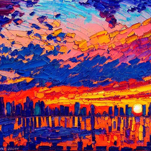 Image similar to a painting of a sunset over a cityscape with buildings in the background, an oil painting by erin hanson and stanton macdonald wright, deviantart, american impressionism, rich color palette, impressionism, fauvism, cgsociety, lyrical abstraction, cityscape, dystopian art