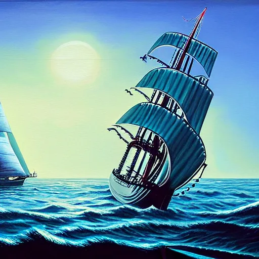 Image similar to a sailing ship off the shore of a beautiful coast with a distant ominous biopunk tower filled with evil technology glowing in the distance, painting by John Berkley