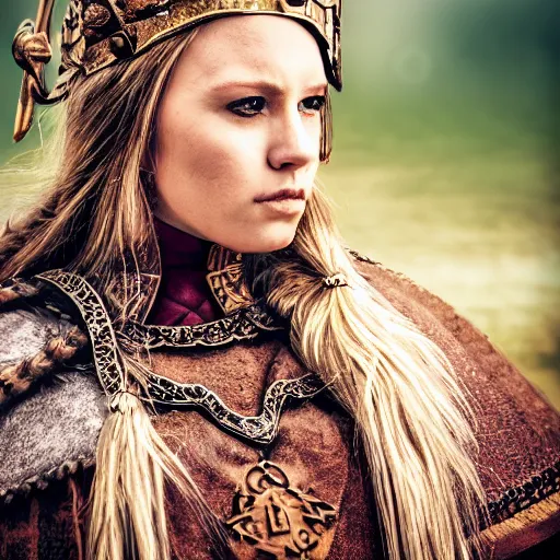 Image similar to beautiful Viking queen with ornate cloak, highly detailed, 4k, HDR, smooth, sharp focus, photo-realistic, high resolution, award-winning, macro 20mm, headshot