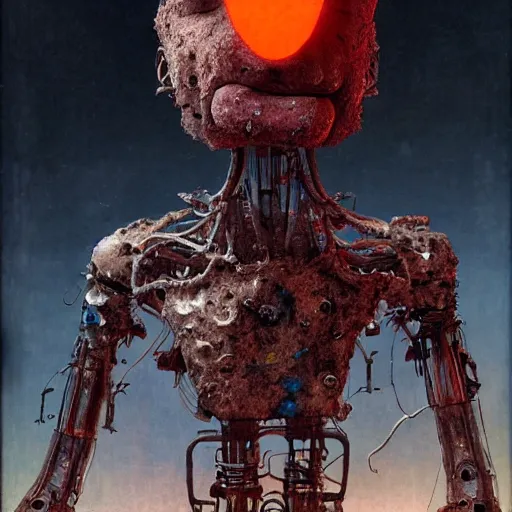 Prompt: an realistic humanoid animatronic made of rubbish with a creepy happy face, lost look, sparks, destroyed city on fire, broken wires, depth of field, robotic limbs on floor, by Greg Rutkowski and Zdzisław Beksiński, expressive face, synthetic skin, burnt