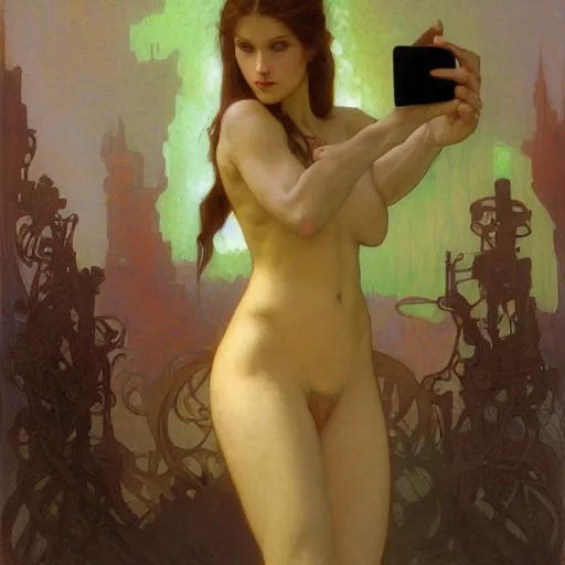 Image similar to cinematic scene of Death taking a selfie, modern, mucha, colorful, by Michael Whelan, William Adolphe Bouguereau, and Donato Giancola, highly rendered, beautiful, cyberpunk, moody lighting, glowing light and shadow, atmospheric, 8K