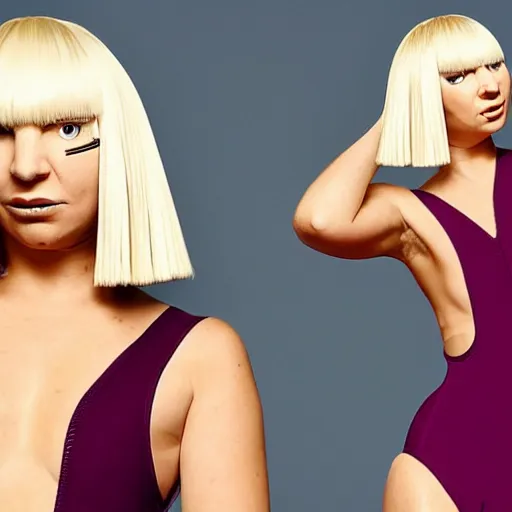 Image similar to sia furler wearing a skin colored leotard full body artistic photoshoot