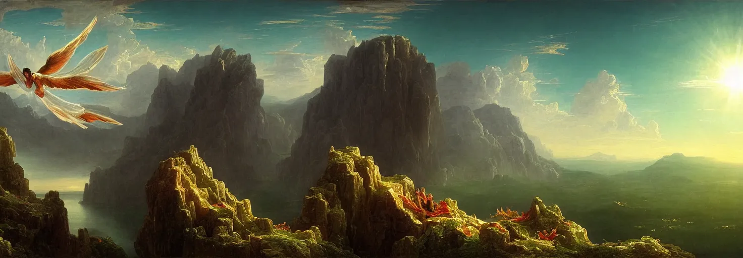 Prompt: Icarus with his wings on fire in a downward tailspin while Daedalus bows his head in disbelief from his workshop in the mountains below. in the style of a surreal and awe-inspiring thomas cole and albert Bierstadt digital art panoramic landscape painting at sunset. unreal engine, 4k, matte, exquisite detail, lens pop