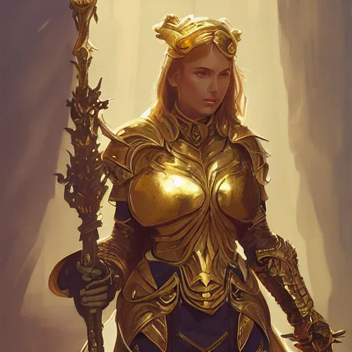 Prompt: female paladin in glowing gold armor, fire sword, D&D, fantasy, intricate, elegant, highly detailed, digital painting, artstation, concept art, matte, sharp focus, illustration, art by Greg Rutkowski and Alphonse Mucha