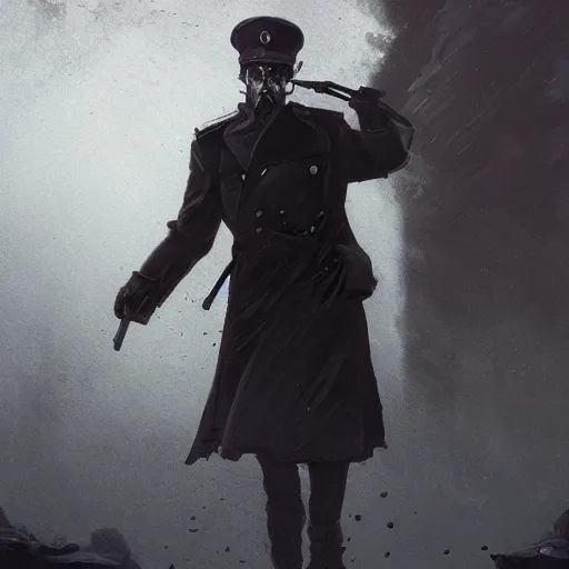 Prompt: gloomy scary soviet policeman, fog, darkness, evil, magic the gathering artwork, D&D, fantasy, cinematic lighting, centered, symmetrical, highly detailed, digital painting, artstation, concept art, smooth, sharp focus, illustration, volumetric lighting, epic Composition, 8k, art by Akihiko Yoshida and Greg Rutkowski and Craig Mullins, oil painting, cgsociety