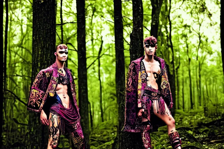 Image similar to versace avant garde male toga intricate textiles streetwear cyberpunk posing in the woods trees cloudy overcast dark late evening dramatic 3 5 mm professional color