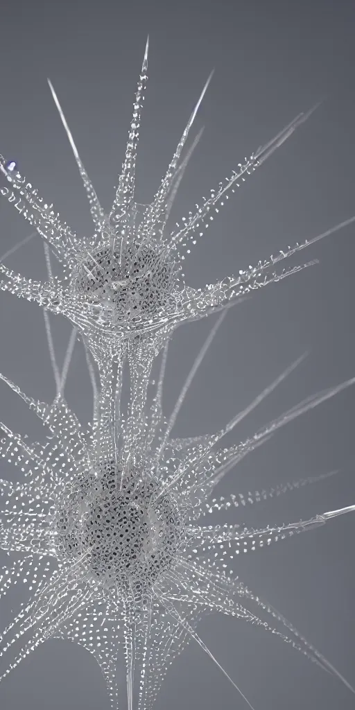 Image similar to a photorealistic render of a radiolaria sculpture, made of liquid metal and marble, c 4 d, by zhelong xu, ernst haeckel and michelangelo, hyper realistic, plain background, 8 k, volumetric lightning, octane render