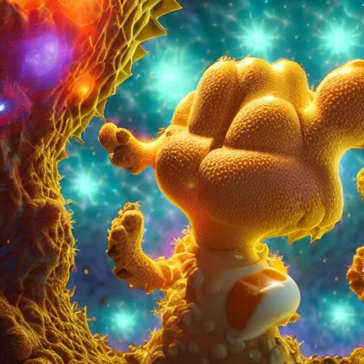 Image similar to cosmic 3 d fractal of garfield, hyper detailed, digital art, trending in artstation, cinematic lighting, studio quality, smooth render, unreal engine 5 rendered, octane rendered