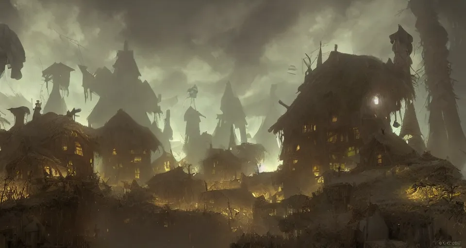Prompt: one big giant ogre troll with a club attacks wooden village houses. destruction dust and fog. atmospheric by eddie mendoza and craig mullins. volumetric lights