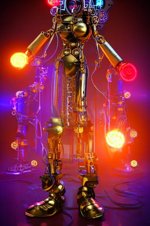 Image similar to portrait photo of a giant huge golden and blue metal humanoid steampunk robot female singer with a human face and gears and tubes, in the foreground is a big red glowing microphone, eyes are glowing red lightbulbs, shiny crisp finish, 3 d render, 8 k, insaneley detailed, fluorescent colors, background is multicolored lasershow