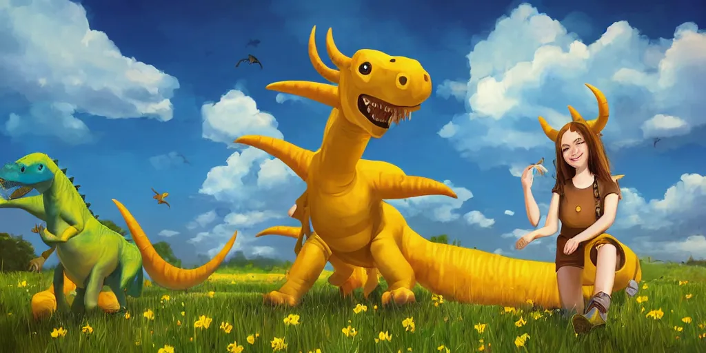 Prompt: “young woman with brown hair, floppy animal ears and short horns, a yellow t-shirt and blue overalls riding a dinosaur in a beautiful field, lo-fi digital art, beautiful composition, trending on artstation and deviantart, masterpiece”