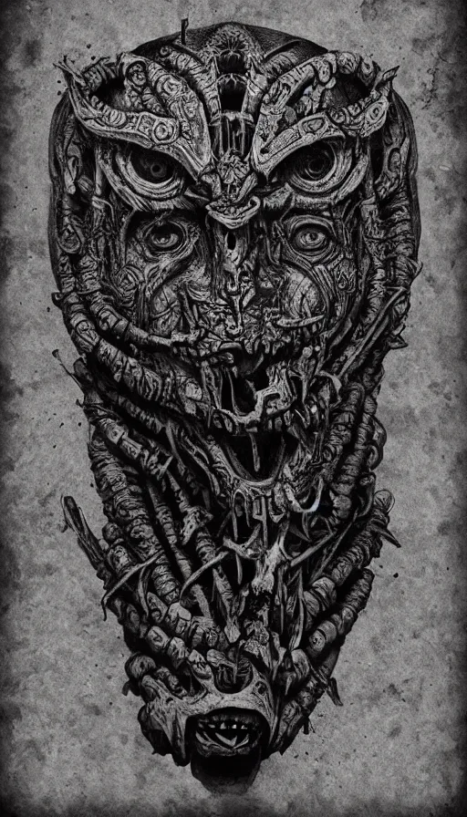 Image similar to ancient biomechanical hybrid aztec fantasy human demon face mask tattoo pattern concept, teonanacatl glyph, intricate artwork by, Johnatan Wayshak, Zdizslaw Beksinski, Artgerm, H.R. Giger, very coherent artwork, cinematic, hyper realism, high detail, octane render, unreal engine, 8k, High contrast, higly detailed black ink outline, crosshatch sketch gradient