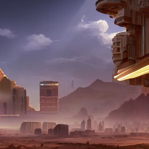 Image similar to a solarpunk desert city similar to Las Vegas, beautiful dynamic lighting, cinematic, wide angle establishing shot, extremely high detail, photo realistic, cinematic lighting, post processed, concept art, artstation, matte painting, style by eddie mendoza, raphael lacoste, alex ross, volumetric lighting, light rays, photorealistic, ultrarealistic, moody, coronarender, 8k