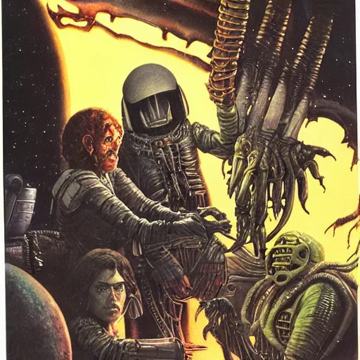 Image similar to the crew of the nostromo playing dungeons & dragons, alien 1 9 7 9, ron cobb, highly detailed, comic book, science fiction, used future