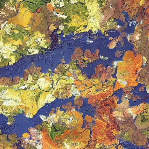 Image similar to beautiful sentinel satellite shot of a terraformation with consistent color scheme and complex patterns veining the ground, photorealistic, very high quality, octane render, 8 k