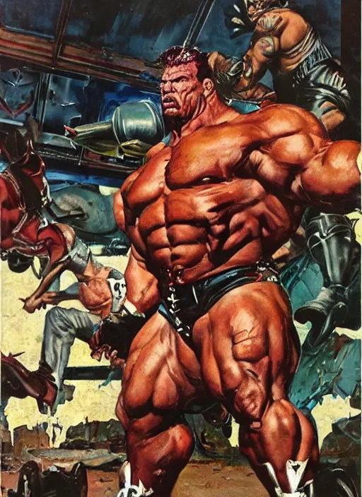 Image similar to full body and head portrait of huge rich piana in tattered superhero costume, dynamic action, painted by norman rockwell and phil hale and greg staples and tom lovell and frank schoonover and jack kirby