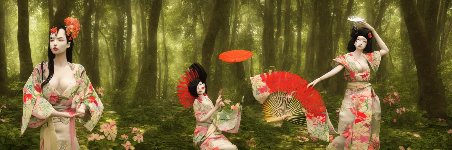Image similar to a beautiful 3 d render of a giesha goddess wearing a kimono + holding a japanese fan, innovative avant - garde art, deco fashion, photorealistic + in a serene forest setting!!!!!!!, concept art, award winning, 4 k, rule of thirds, volumetric lighting, hyper detailed, octane render