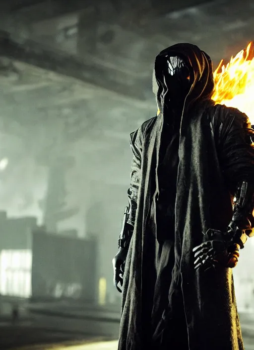 Prompt: cyberpunk man wearing black metal respirator black cloth cloak hood robotic arms long fingers burning eyes on fire witch king of angmar ring wraith ghost rider Bladerunner 2049 movie still (2017) style of Roger Deakins Jeremy Saulnier Newton Thomas Sigel Robert Elswit Greig Fraser trending dark hallway rtx on ue4 35mm Kodak Vision 2383 gritty atmospheric