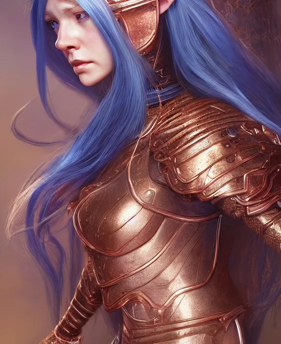 Prompt: a beautiful and highly detailed digital portrait of a dignified elf with long blue hair in rose gold armor by artgerm and nina tryggvadottir, centered, artsation contest winner, cgsociety, fantasy art, cryengine, concept art, photorealism, daz 3 d, sketchfab, zbrush, vray