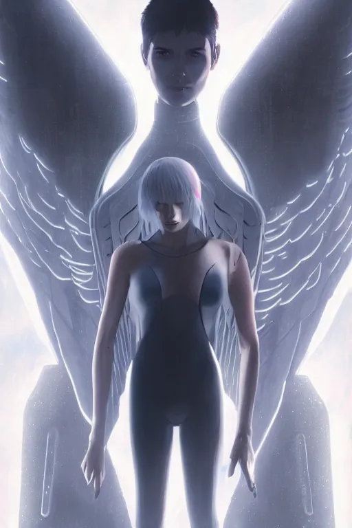 Image similar to white arc-angel with mystic robotic wings, blade runner, akira, ghost in the shell, 2077, ultra detailed, digital art, 8k ,character ,realistic, portrait, hyperrealistic