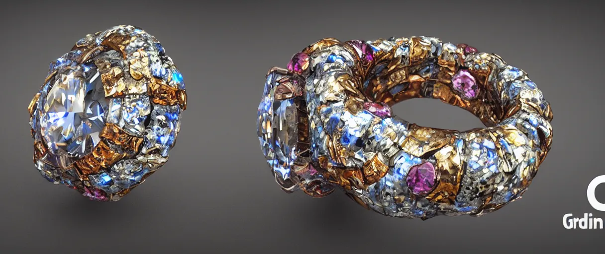 Image similar to magic crystal ring, fire, stone, crystal, engravings, diamonds, colorful, art by gerald brom, greg rutkowski, photo realism, unreal engine, c 4 d