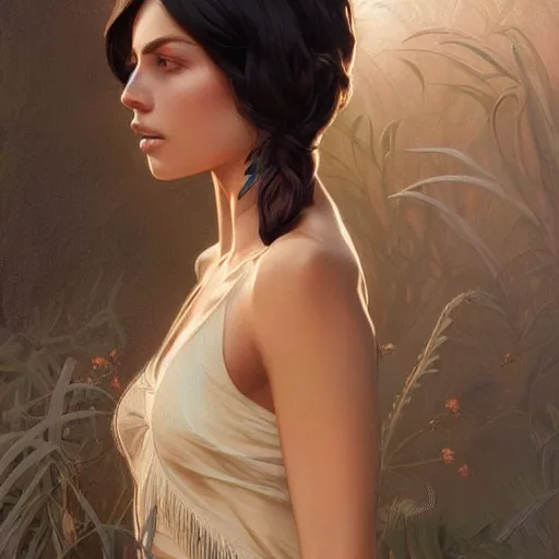 Image similar to Australian Supermodel, olive skin, long dark hair, beautiful bone structure, intricate, elegant, highly detailed, digital painting, artstation, concept art, smooth, sharp focus, illustration, art by artgerm and greg rutkowski and alphonse mucha