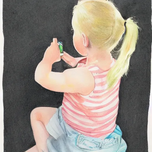 Image similar to 3 year old blonde girl in pigtails looking down at iphone, pencil and watercolor on white by eloise wilkin