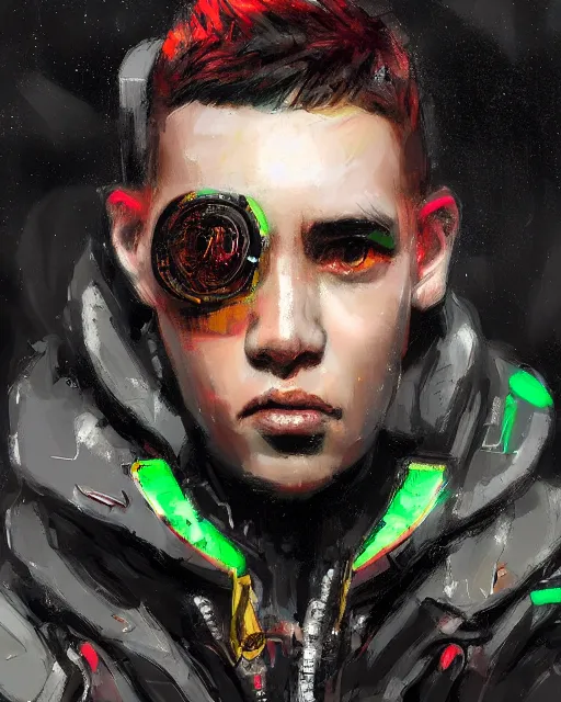 Image similar to detailed portrait Neon guard boy with short dark hair seen from the back, cyberpunk futuristic, reflective puffer jacket, decorated with traditional ornaments in front of a dystopian crowd with piles of garbage by Ismail inceoglu dragan bibin hans thoma, Perfect face, fine details, realistic shaded, fine-face, pretty face