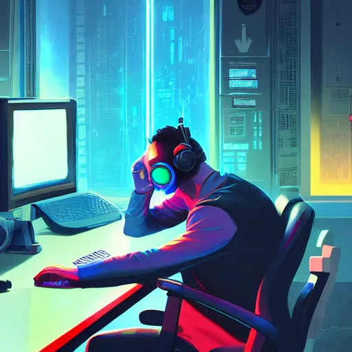 Prompt: a vibrant artstation illustration of a tech savy man typing away at a computer workstation, room illuminated by workstation monitor, headphones, cyberpunk, by greg rutkowski,