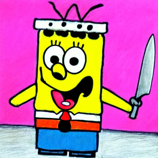 Image similar to crayon drawing of spongebob squarepants holding a kitchen knife