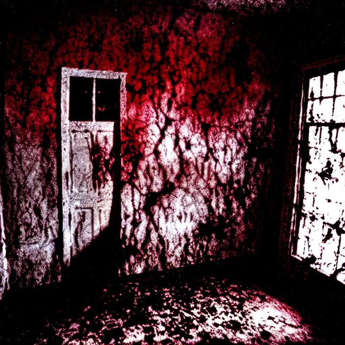 Image similar to unspeakable horrors, nightmare, horror, unknown, dark, liminal space, abandoned house, red eyes, 3 5 mm, found footage, cosmic horror, film shot