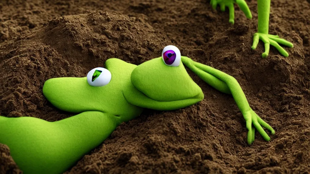 Image similar to A highly photographic render of Kermit the frog digging a grave, rim lighting, cinematic lighting, octane engine, photo realistic image, 4K, super detailed, cinematic look