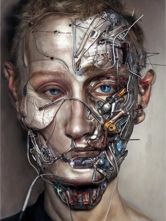 Image similar to cybernetic implants on face, metal jaw, usb port on forehead, portrait by jenny saville