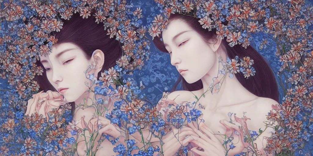 Image similar to breathtaking detailed concept art painting of the goddesses of nemophila flowers, orthodox saint, with anxious, piercing eyes, ornate background, amalgamation of leaves and flowers, by Hsiao-Ron Cheng, James jean, Miho Hirano, Hayao Miyazaki, extremely moody lighting, Black paper, cut paper texture, Full of light-blue and silver and white layers, 8K