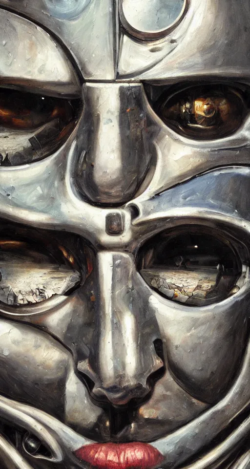 Prompt: hyperrealism oil painting, close-up portrait of cyborg, busted crushed face, broken mirrors mixed with night sky, in style of classicism