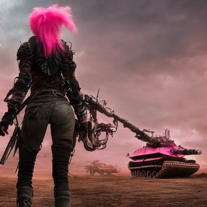 Image similar to beautiful apocalyptic woman with pink Mohawk, standing on mad max panzer tank, 4k ultra hd, fantasy dark art, smooth, artstation, octane render