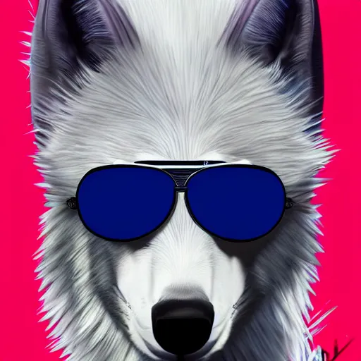 Prompt: White Wolf, blue mohawk hairstyle, aviator sunglasses, synthwave style, portrait, artstation, detailed, award winning, furry, painting