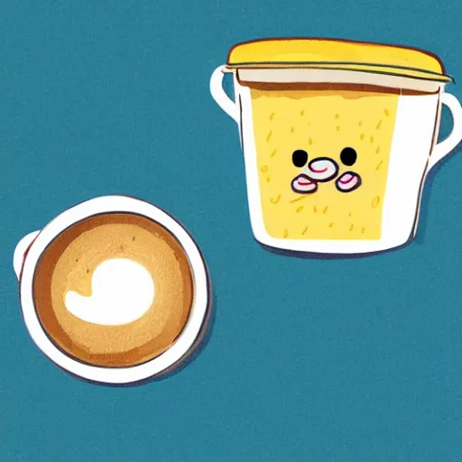 Image similar to a hand drawn cute illustration of a living box of mac and cheese holding a cup of coffee