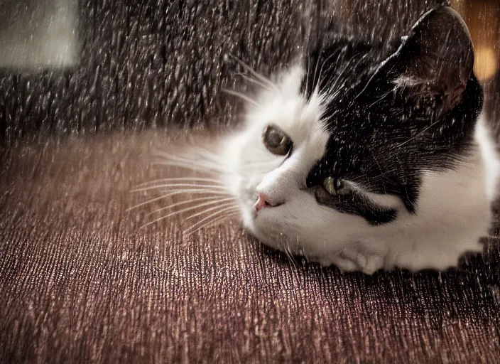 Image similar to photography of a Cat . watching outside the window while it rains. on a bed. in a 70's room full of vinyls and posters, photorealistic, raining award winning photo, 100mm, sharp, high res