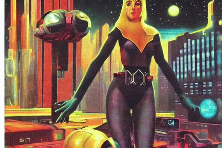 Image similar to 1979 OMNI Magazine Cover of a lady elf. in cyberpunk style by Vincent Di Fate