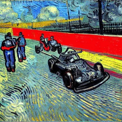 Image similar to fiery pit lane accident. painted by van gogh. bright colors . extreme heat