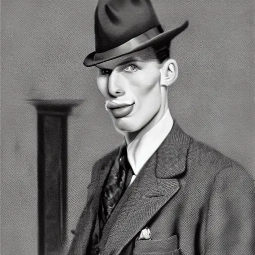 Image similar to A photograph portrait of Jerma985 wearing a suit with and fedora in the 1940s, taken in the early 1940s, grainy, taken on a 940s Kodak Camera, realistic, hyperrealistic, very realistic, highly detailed, very detailed, extremely detailed, detailed, digital art, trending on artstation