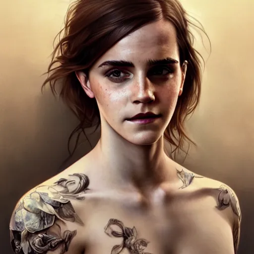 Prompt: portrait painting of a emma watson, tattooed back, ultra realistic, concept art, intricate details, eerie, highly detailed, photorealistic, octane render, 8 k, unreal engine. art by artgerm and greg rutkowski and alphonse mucha