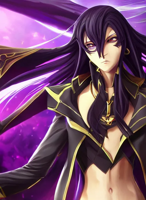 Prompt: lelouch, league of legends character select art, digital art, octane render