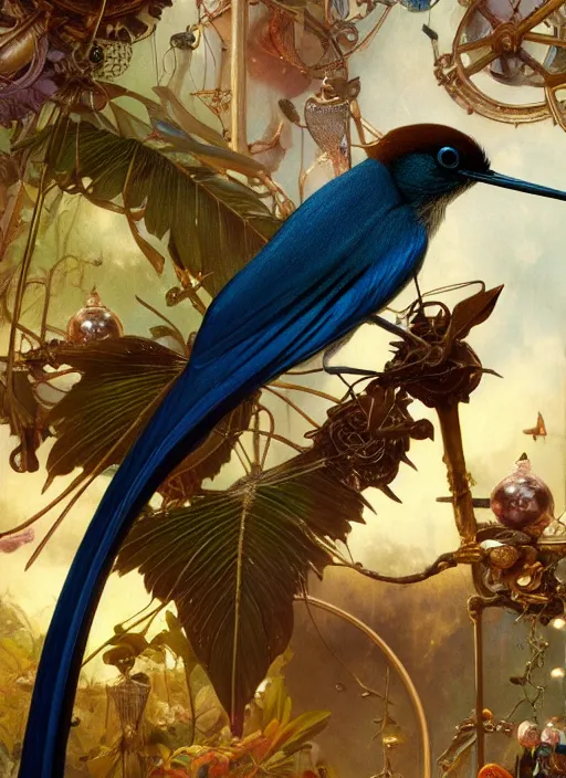 Image similar to hyper realistic paradise flycatcher, refined details, denoised, birds eye view, magical, gems, jewels, gold, steampunk, cyberpunk utopia, painted by tom bagshaw, mucha, gaston bussiere, craig mullins, j. c. leyendecker 8 k