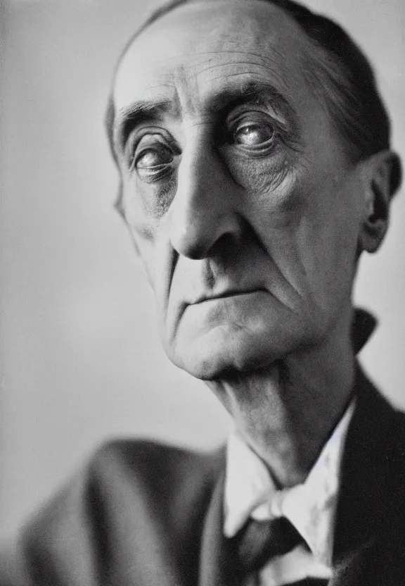 Image similar to a close - up casual photo of marcel duchamp with pensive eyes, 1 9 2 0 s monochrome snapshot, graflex 4 x 5, f 1. 8, 3 5 mm, ilford delta 3 2 0 0 pro